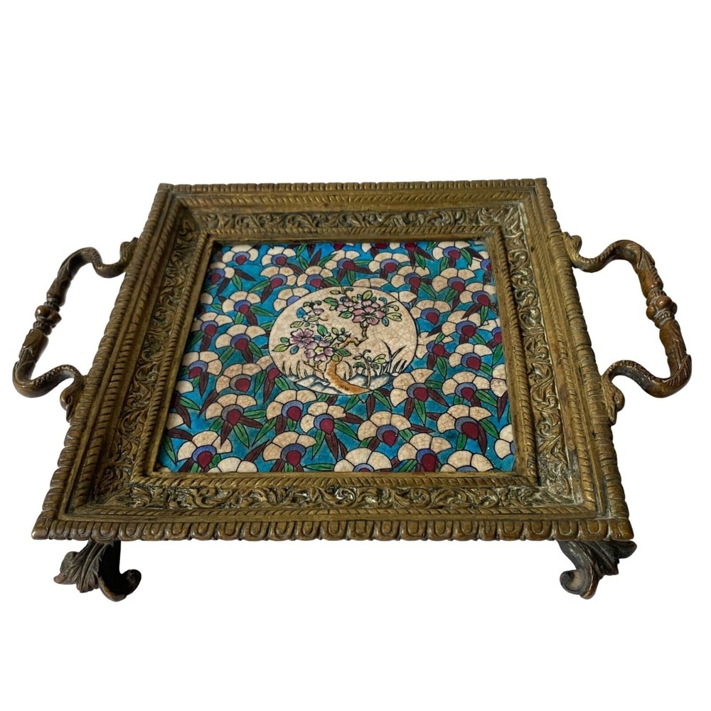 Antique bronze brass trivet stand Longwy mosaic tile blue floral serpent handles